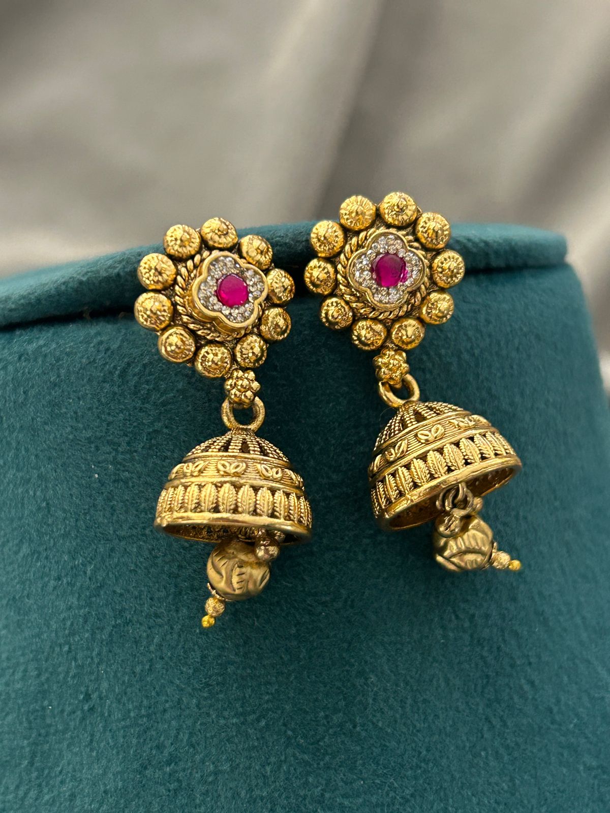 Antique Gold Ruby & Emerald Temple Necklace Set with Jhumka Earrings